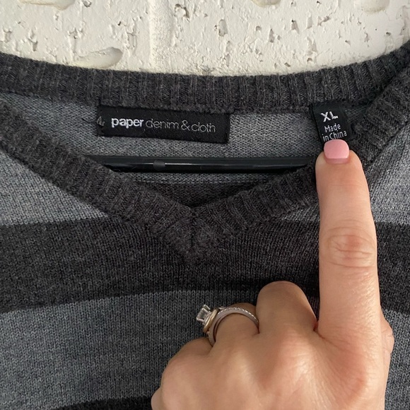 Paper Denim & Cloth Men's V-Neck Striped Sweater - Black and Gray - Picture 2 of 3